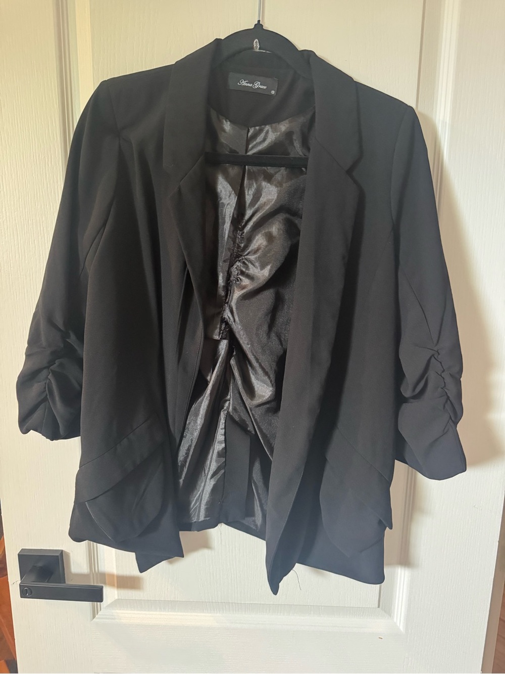 Anna Grace Black Open-Front Draped Blazer with Ruched 3/4 Sleeves